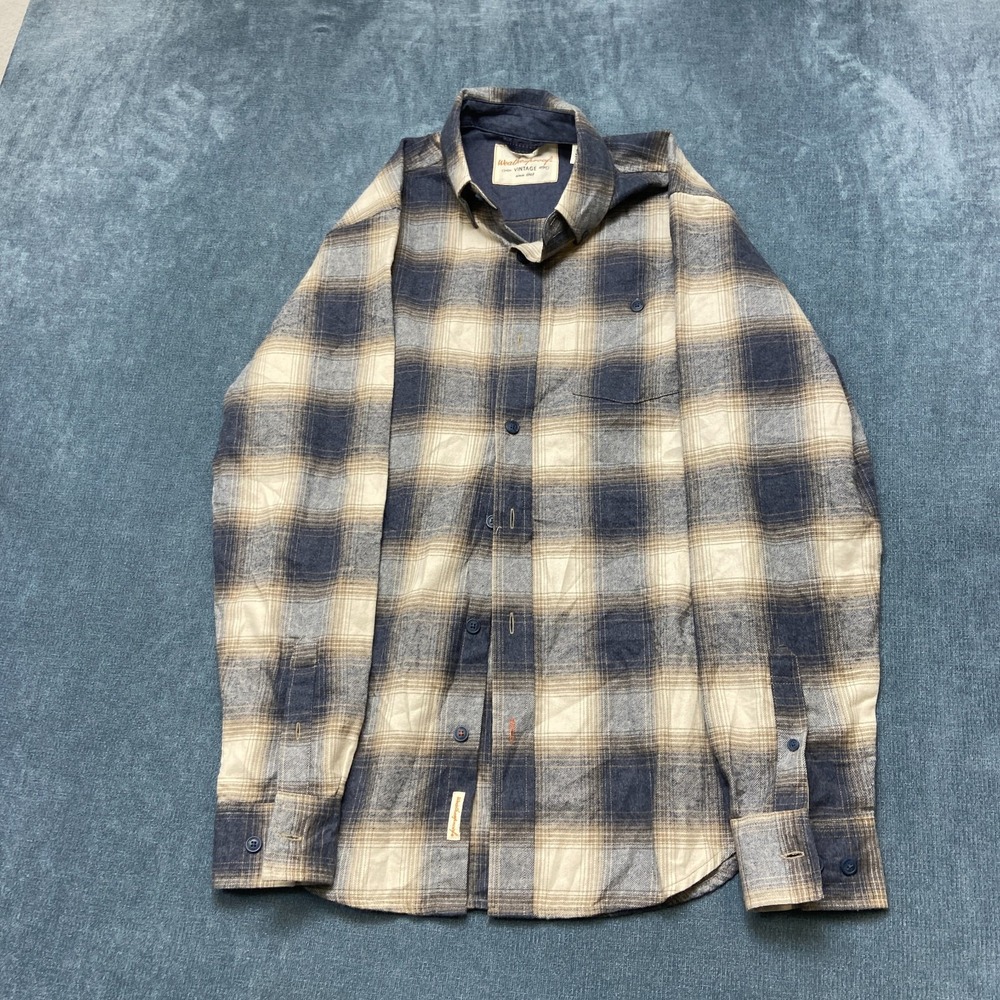 Vintage Weatherproof Shirt Mens Small Blue Beige Plaid Long Sleeve Button Up